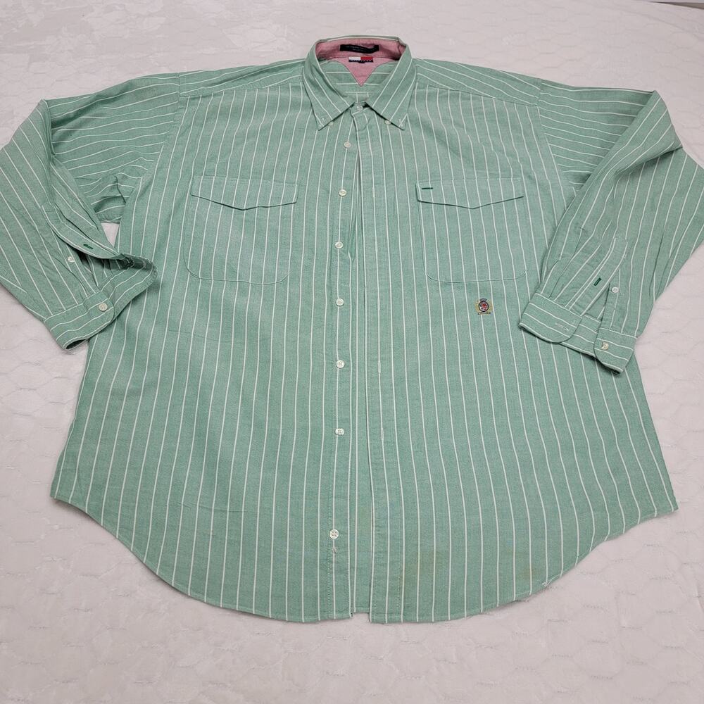 Vintage Tommy Hilfiger Shirt XL Green White Striped Oxford Button Down Crest
